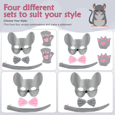 Exlinonline Mouse Ears Halloween Costume with Mask,Tie,Tail and Glove for Rat Mouse Costume Grey Pink for Adult Kids Cute in Saudi Arabia