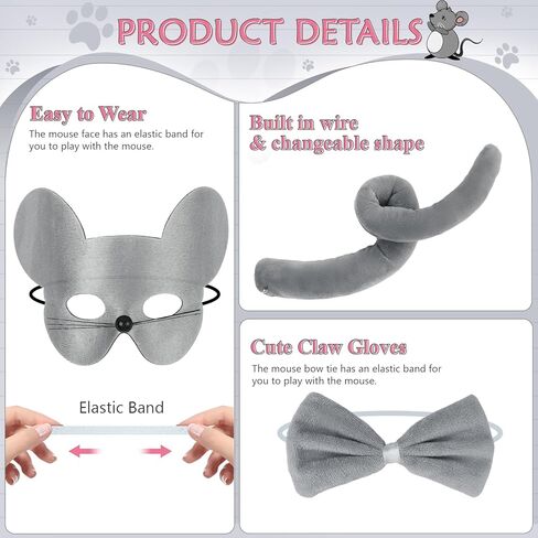 زي الهالوين بآذان الفأر من Exlinonline مع قناع وربطة عنق وذيل وقفاز لزي فأر الجرذ رمادي وردي للأطفال البالغين اللطيفين in Kuwait