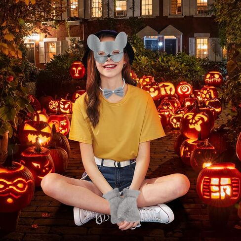 Exlinonline Mouse Ears Halloween Costume with Mask,Tie,Tail and Glove for Rat Mouse Costume Grey Pink for Adult Kids Cute in Saudi Arabia