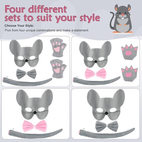 Exlinonline Mouse Ears Halloween Costume with Mask,Tie,Tail and Glove for Rat Mouse Costume Grey Pink for Adult Kids Cute in Saudi Arabia