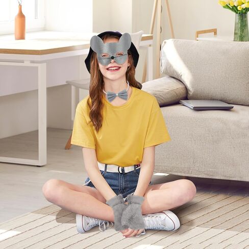 Exlinonline Mouse Ears Halloween Costume with Mask,Tie,Tail and Glove for Rat Mouse Costume Grey Pink for Adult Kids Cute in Saudi Arabia