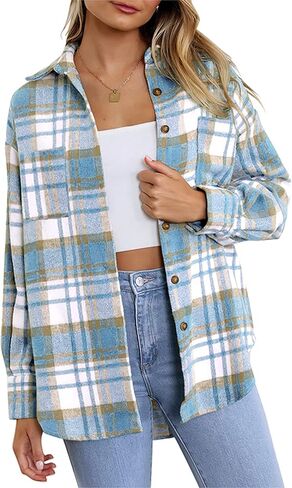 قمصان Zontroldy النسائية الكاجوال منقوشة بألوان متعددة وأزرار سفلية وأكمام طويلة من خليط الصوف وسترة ومعاطف in Kuwait