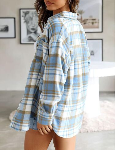 قمصان Zontroldy النسائية الكاجوال منقوشة بألوان متعددة وأزرار سفلية وأكمام طويلة من خليط الصوف وسترة ومعاطف in Kuwait