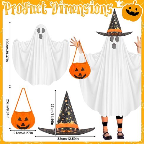5 Pcs Halloween Ghost and Pumpkin Costume Set Include Ghost Pumpkin Ponchos Pumpkin Trick or Treat Bags Witch Hats Ghost Costumes for Halloween Cosplay Party Supplies in Kuwait