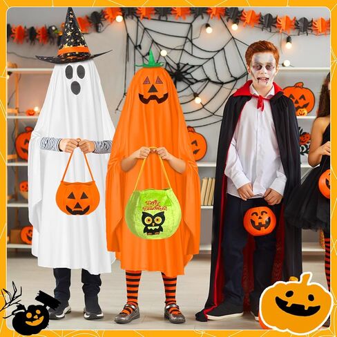 5 Pcs Halloween Ghost and Pumpkin Costume Set Include Ghost Pumpkin Ponchos Pumpkin Trick or Treat Bags Witch Hats Ghost Costumes for Halloween Cosplay Party Supplies in Kuwait