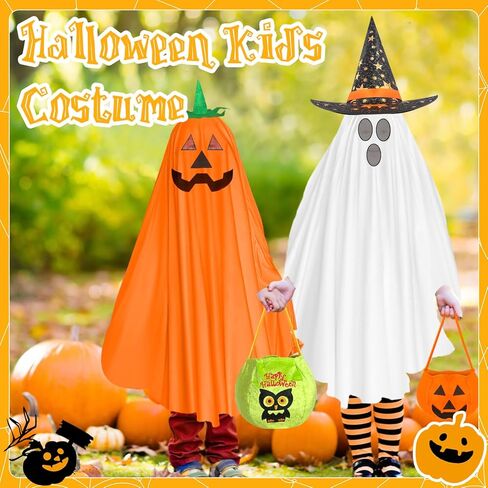 5 Pcs Halloween Ghost and Pumpkin Costume Set Include Ghost Pumpkin Ponchos Pumpkin Trick or Treat Bags Witch Hats Ghost Costumes for Halloween Cosplay Party Supplies in Kuwait