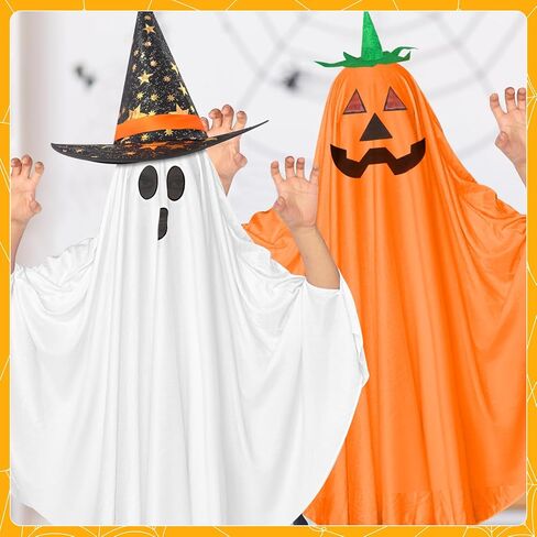 5 Pcs Halloween Ghost and Pumpkin Costume Set Include Ghost Pumpkin Ponchos Pumpkin Trick or Treat Bags Witch Hats Ghost Costumes for Halloween Cosplay Party Supplies in Kuwait