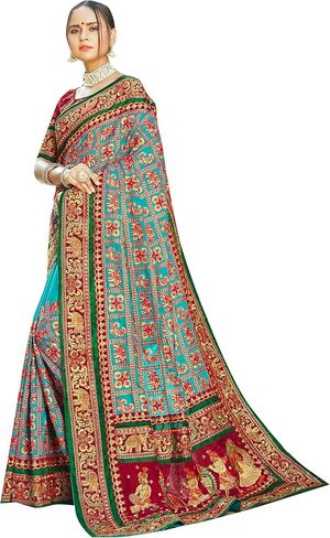 Sarees For Women Satin Silk Heavy Embroidered Saree ||Ethnic Traditional Indian Wedding Gift Sari with Unstitched Blouse in Saudi Arabia
