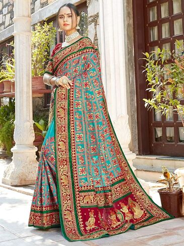 Sarees For Women Satin Silk Heavy Embroidered Saree ||Ethnic Traditional Indian Wedding Gift Sari with Unstitched Blouse in Saudi Arabia
