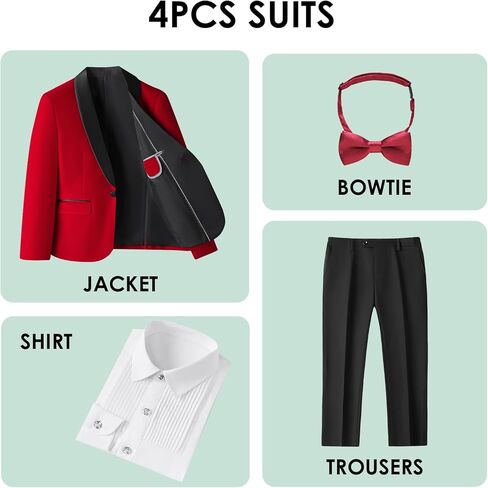 Lamgool بدلة سهرة مخملية للأولاد من 4 قطع طقم ملابس رسمية للأطفال بقصة ضيقة مع سترة حمراء وقميص وربطة عنق وبنطلون لحفلات الزفاف مقاس 4T in Kuwait