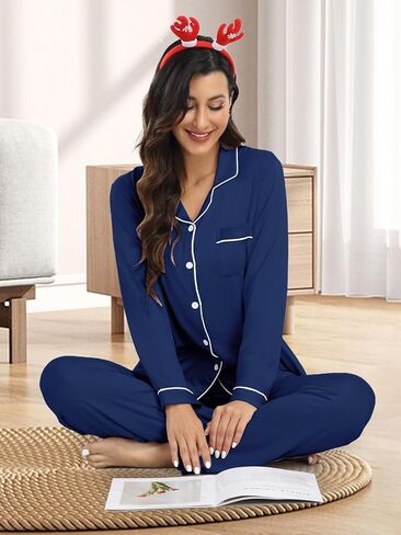 Womens Modal Button Up Pajamas 2 Piece Long Sleeve Comfy Pjs Sleepwear Soft Pajama Lounge Set Loungewear S-3XL in Kuwait