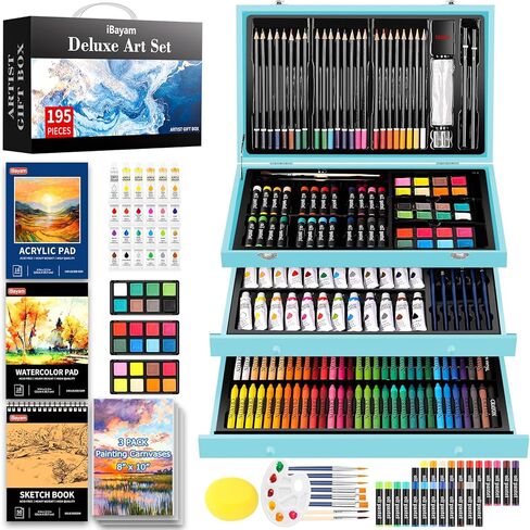 iBayam Art Supplies، مجموعة فنية فاخرة مع 2 لوحة رسم A4، 1 كتاب تلوين، 24 طلاء أكريليك، قماش، أقلام تلوين، أقلام ملونة، صندوق هدايا إبداعي للمبتدئين الفنانين البالغين (أزرق معكرون) in Kuwait