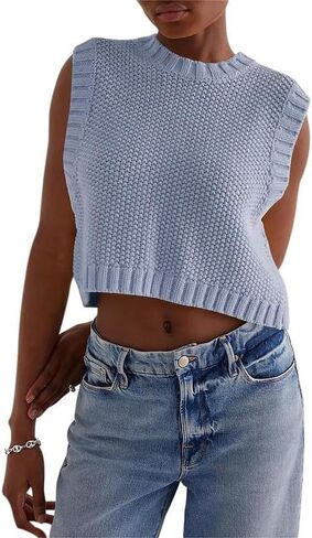 Y2K Women Backless Tie Up Knit Crop Sweater Vest Sleeveless Round Neck Split Open Back Pullover Fall Tank Tops in Kuwait