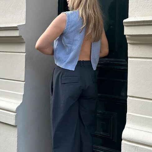 Y2K Women Backless Tie Up Knit Crop Sweater Vest Sleeveless Round Neck Split Open Back Pullover Fall Tank Tops in Kuwait