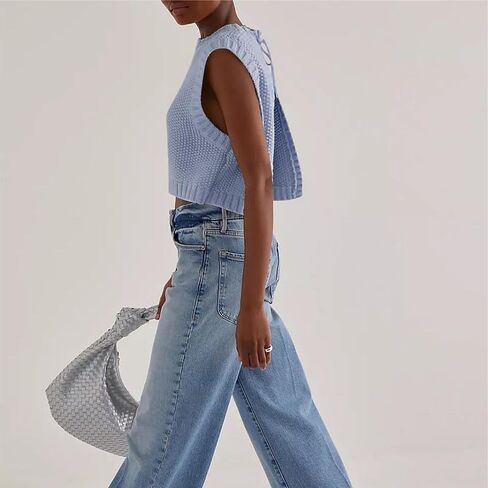 Y2K Women Backless Tie Up Knit Crop Sweater Vest Sleeveless Round Neck Split Open Back Pullover Fall Tank Tops in Kuwait