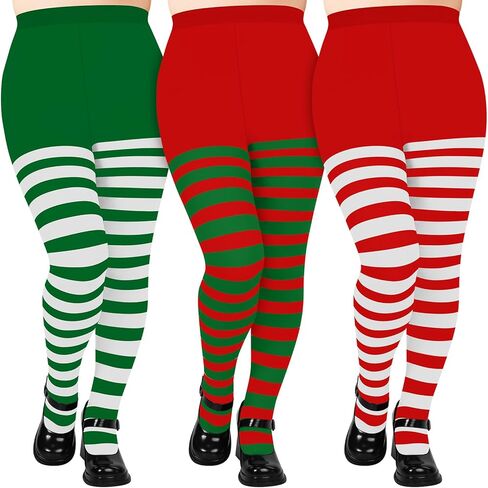 Suhine 3 Pairs Plus Size Christmas Striped Tights High Stocking Full Length Tights Stripe Stockings Spandex Tights for Xmas in Kuwait
