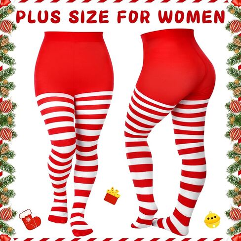 Suhine 3 Pairs Plus Size Christmas Striped Tights High Stocking Full Length Tights Stripe Stockings Spandex Tights for Xmas in Kuwait