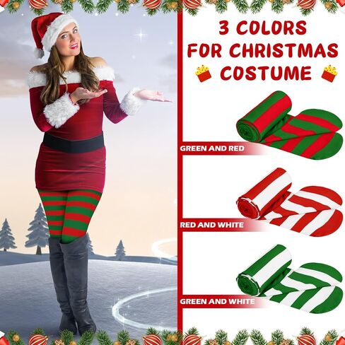 Suhine 3 Pairs Plus Size Christmas Striped Tights High Stocking Full Length Tights Stripe Stockings Spandex Tights for Xmas in Kuwait