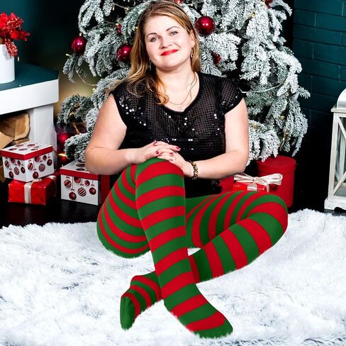 Suhine 3 Pairs Plus Size Christmas Striped Tights High Stocking Full Length Tights Stripe Stockings Spandex Tights for Xmas in Kuwait