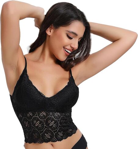 Women's Casual Lace Crochet Spaghetti Strap Cami Crop Top (US, Alpha, Large, Regular, Regular, Black) in Saudi Arabia