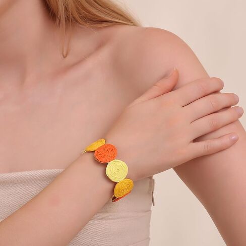 Raffia Multiple Circles Cuff Bracelet for Women, Handmade Colorful Round Bangle Geometric Adjustable Statement Bracelet in Saudi Arabia