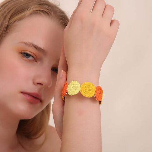 Raffia Multiple Circles Cuff Bracelet for Women, Handmade Colorful Round Bangle Geometric Adjustable Statement Bracelet in Saudi Arabia
