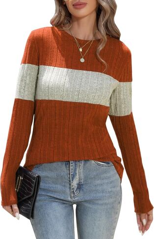 Women Long Sleeve Blouses Colorblock Pullover Sweaters Round Neck Striped Slim Fit Tops in Saudi Arabia