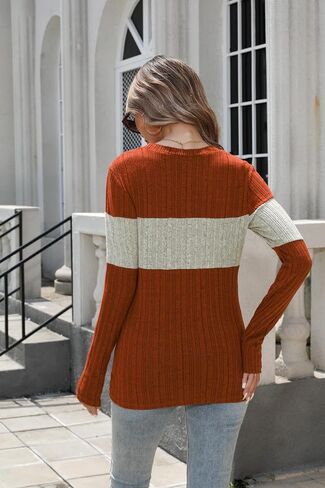 Women Long Sleeve Blouses Colorblock Pullover Sweaters Round Neck Striped Slim Fit Tops in Saudi Arabia