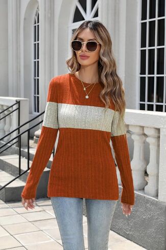 Women Long Sleeve Blouses Colorblock Pullover Sweaters Round Neck Striped Slim Fit Tops in Saudi Arabia