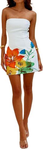 Women's Floral Tube Dress Strapless Midi Dress Flower Print Mini Dress for Women Flower Cami Dress Low Cut Bodycorn Dress in Saudi Arabia