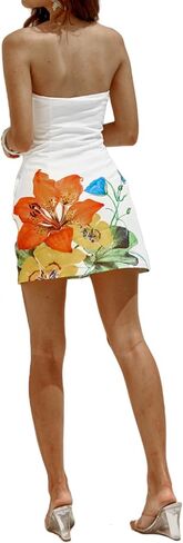 Women's Floral Tube Dress Strapless Midi Dress Flower Print Mini Dress for Women Flower Cami Dress Low Cut Bodycorn Dress in Saudi Arabia