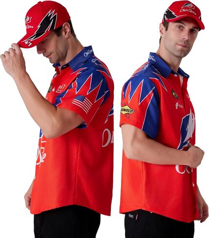 Maxim Party Supplies Ricky Bobby Costume Short Sleeve Shirt and Hat for Men - Race Car Driver Halloween Costume Outfit in Saudi Arabia
