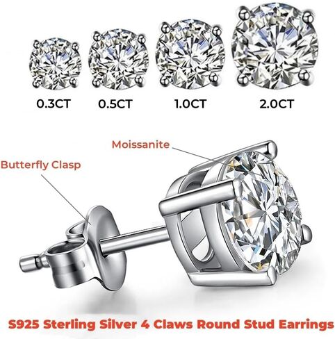 Moissanite Stud Earrings, 18K White Gold Plated 925 Sterling Silver Earring, 0.3-2.0 Carat Round Multicolor Lab Created Diamond,Men Women Jewelry in Kuwait