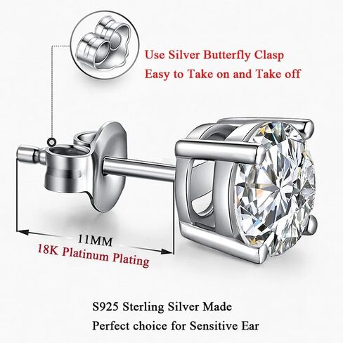 Moissanite Stud Earrings, 18K White Gold Plated 925 Sterling Silver Earring, 0.3-2.0 Carat Round Multicolor Lab Created Diamond,Men Women Jewelry in Kuwait