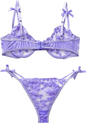 Sexy Womens Underwire Strappy Embroidered Mesh Sheer Lingerie V Neck Set See Bra 2 Piece in Saudi Arabia