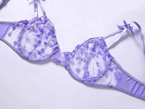 Sexy Womens Underwire Strappy Embroidered Mesh Sheer Lingerie V Neck Set See Bra 2 Piece in Saudi Arabia