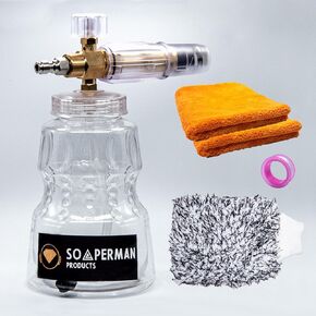 Soaperman Products Premium Car Care Kit: Pressure Washer Foam Cannon, Hand Wash Glove, 2X Microfiber Towels | 1/4" High Pressure Attachment, Adjustable Spray Nozzle