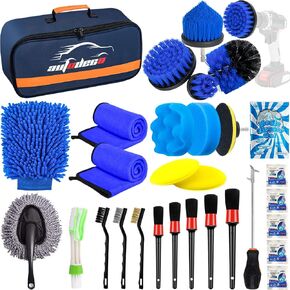 AUTODECO 34Pcs Car Detailing Brush Set, Car Detailing Kit, Auto Detailing Drill Brush Set, Car Detailing Brushes, Car Wash Cleaning Tools Kit for Interior, Exterior, Wheels, Blue