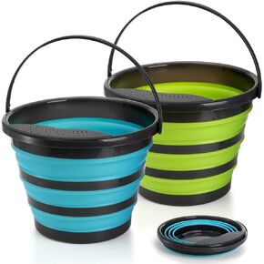 2 Pack Collapsible Bucket, 2.6 Gallon Foldable Round Tub with Removable Filter, Gardening Bucket for Watering Cleaning, Space Saving Outdoor Waterpot for Camping, Car Wash, Fishing Water Pail
