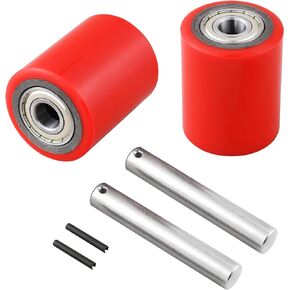 2 Red Load Wheels 3" x 3.75" for Pallet Jack/Truck with Pre-Installed Bearings, ID 20mm PU Tread Includes Axles and Pins by JackCraft
