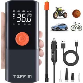 Teffim Portable Tire Inflator - Car Air Compressor with Digital Pressure Gauge - 150 PSI - Motorcycle, Electric Bike, and Bicycle Pump with LED Light