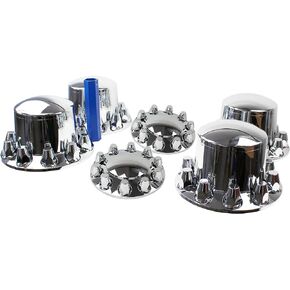 ABS Chrome Plastic Front and Rear Axle Cover Full Kits with 33mm Thread-On Flange Nut Covers and Removable Center Cap (Flat Top)