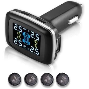 B-Qtech Tire Pressure Monitoring System 4 External Sensors (0-3.5Bar/50Psi) 6 Alarm Modes CLA Charger Tire Pressure Temperature Real Time Monitoring Display TPMS for 4-tire Vehicles Car SVU Pickup