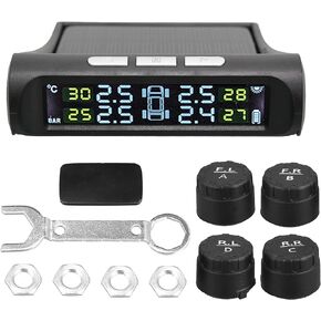 X AUTOHAUX Tire Pressure Monitoring System TPMS Wireless Solar Power and USB Charger Monitor 5 Alarm Modes LCD Color Display with 4 External Sensors Temperature Pressure for Car RV Trailer