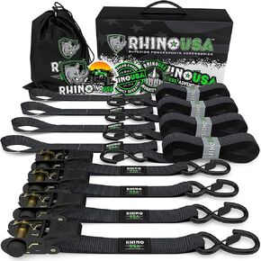 Rhino USA Ratchet Tie Down Straps (4PK) - 1,823lb Guaranteed Max Break Strength, Includes (4) Premium 1" x 15', with Padded Handles. Best for Moving, Securing Cargo (Black 4-Pack)