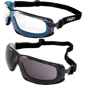 2 Pairs of Global Vision Sunn Up Motorcycle Safety Goggles ANSI Z87.1 Scratch-Resistant Anti-Fog Gray Frame w/Smoke Lens & Blue Frame w/Clear Lens