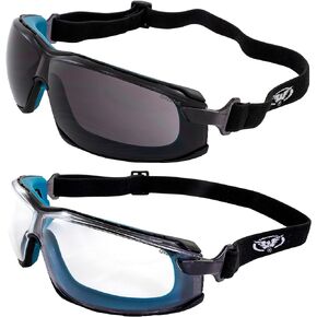 2 Pairs of Global Vision Sunn Up Motorcycle & Safety Goggles ANSI Z87.1 Scratch-Resistant Anti-Fog Clear & Smoke Lenses