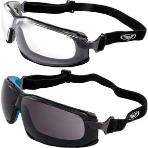 2 Pairs of Global Vision Sunn Up Motorcycle Safety Goggles ANSI Z87.1 Scratch-Resistant Anti-Fog Gray Frame w/Clear Lens & Blue Frame w/Smoke Lens