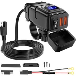 Nilight Motorcycle Charger with 12V Voltmeter Independent On Off Switch SAE USB Adapter Inline 10A Fuse Waterproof 6.8A Dual QC3.0 Fast Charging Phone Tablet for 7/8inch Handlebar ATV in Kuwait