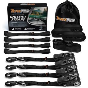 TitanPro Ratchet Tie Down Straps 4-Pack - 2,200lb Test Strength, Premium 1" x 15' Rachet Tie Downs with Padded Handles | Heavy Duty Truck Accessories Moving Straps (Black)